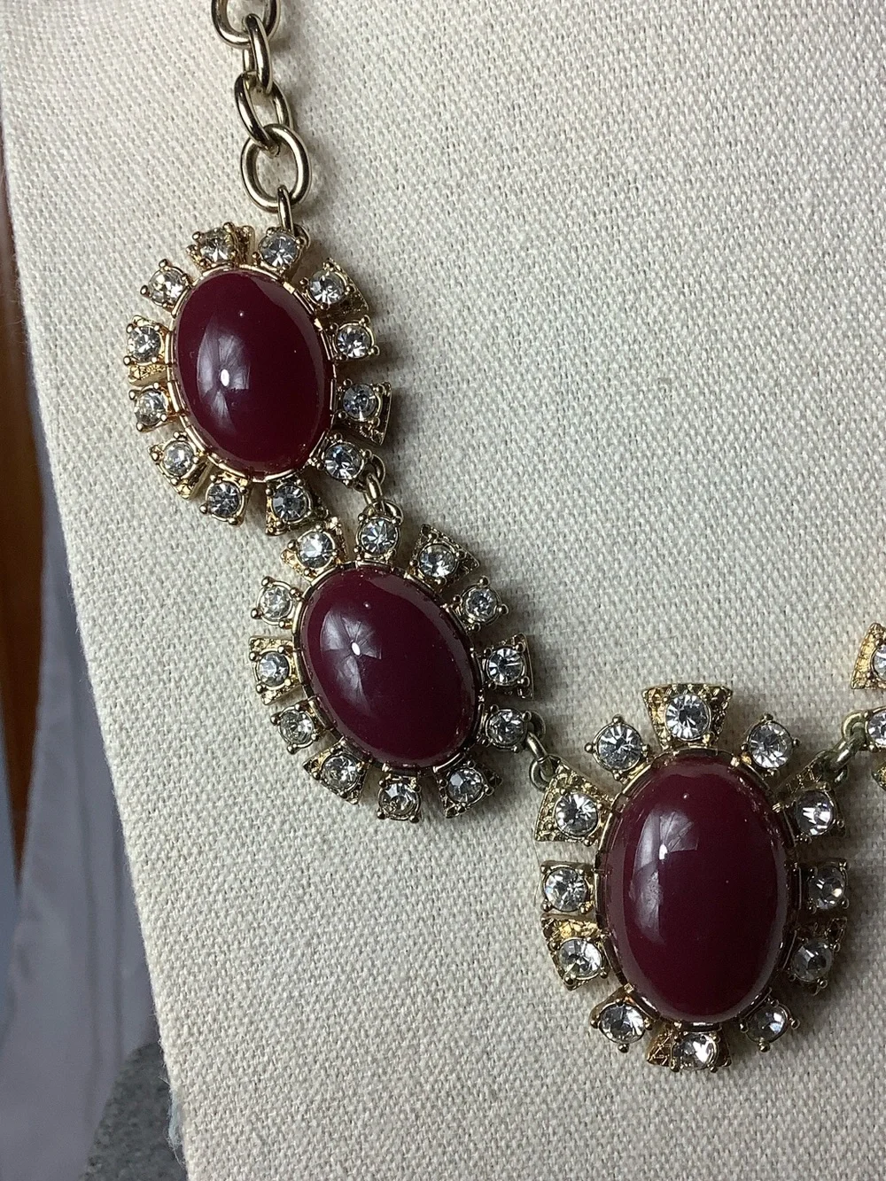 Talbots Gold-Tone Necklace with Deep Burgundy Cabochons and Crystal Accents